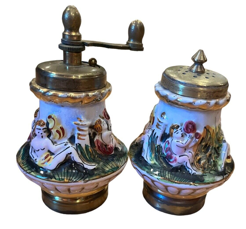 Rare Capodimonte Porcelain & Brass Salt Shaker & Pepper Grinder Works No chips